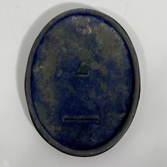 Antique Oval Metal Frame Sepia Chubby Cheek Baby Portrait Blue Velvet Backing - Picture 2 of 4